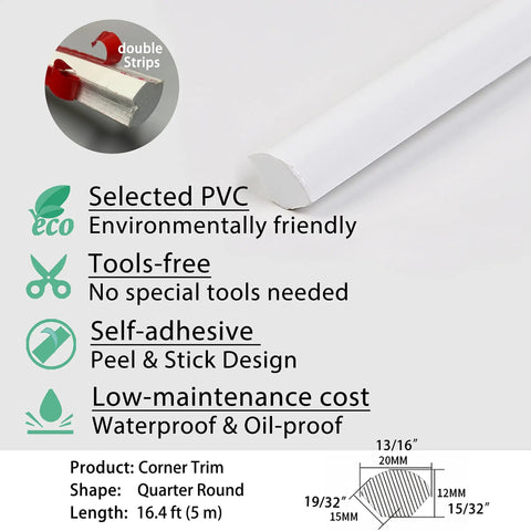Flexible Quarter Round Molding Trim 16.4 Ft Peel And Stick Self Adhesive White shown with features and dimensions chart