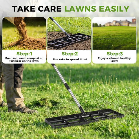 Heavy Duty Stainless Steel Lawn Leveling Rake With 30x10 Inches Head And 76 Inch Adjustable Handle on grass