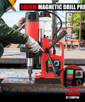 PeakPursuit Portable Magnetic Drill Press 1300W 810Rpm For Steel, showing operator drilling steel with precision using 11pc bits set.