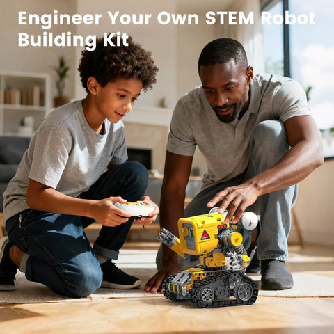 Father and son using 5 In 1 STEM RC Robotics Kit With App And Remote Control, Build Mech Robot Wall Robot DIY Science Toys