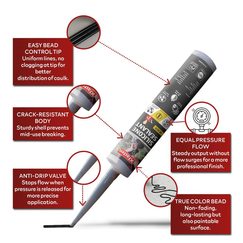 Black Silicone Sealant Caulk For Indoor And Outdoor Use, 10.1 Oz Cartridge, showing nozzle tip with product features