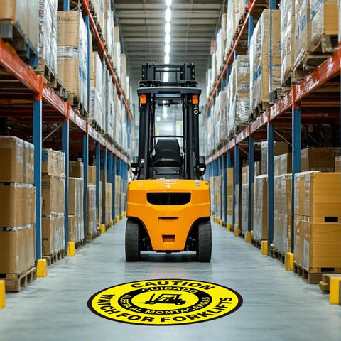 Forklift Traffic Warning Sign Set 5 Pack Bilingual Look Out For Lift Trucks Floor Stickers 17 By 17 Inches Self Adhesive Vinyl Waterproof Anti Slip Signage For Office Work Site And Warehouse installed in a warehouse with forklift in view.