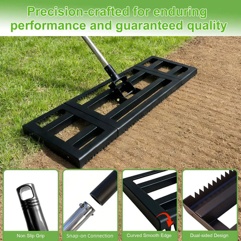 Image showing Heavy Duty Lawn Leveling Rake With Adjustable Long Handle Dual Sided Tines With Serrated Side for soil and gravel leveling.