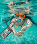 Woman snorkeling with Waterproof Phone Pouch Dry Bag Up To 7 Inches IPX8 Case For iPhone 17 16 15 14 13 Pro Max Plus Black