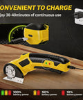 Heavy Duty Cordless Electric Box Cutter With Premium SK5 Blades, charging with USB port and battery indicator on aluminum body.