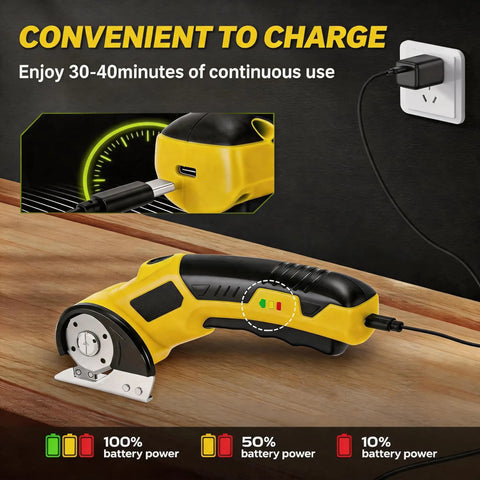 Heavy Duty Cordless Electric Box Cutter With Premium SK5 Blades, charging with USB port and battery indicator on aluminum body.