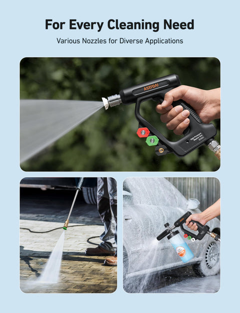 Short Pressure Washer Gun With Swivel, 4060 PSI Max, Four Nozzles, Three Eighths Inch Swivel Quick Connect in use