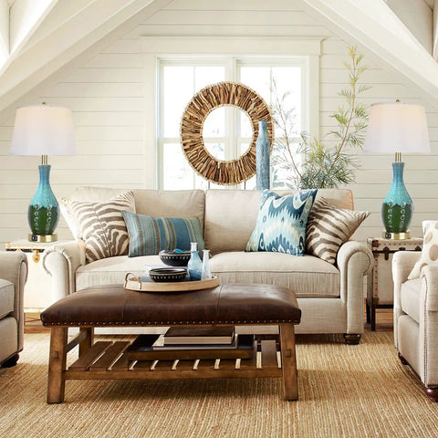 Dope Teal Green Ceramic Table Lamps Set Of 2 on living room end tables with textured linen shades