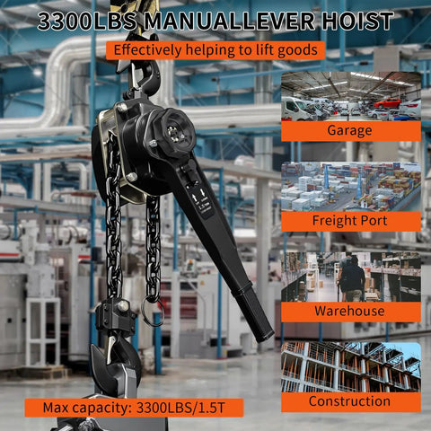 No Sweat Heavy Duty Manual Lever Chain Hoist Come Along 1.5 Ton 3300 Lbs 10 Ft Lift G80 Carbon Steel dual pawl brake in a warehouse.
