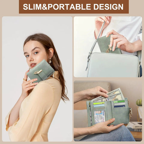 Woman holding a Compact Womens Wallet RFID Blocking Vegan Leather Bifold Card Holder with 10 card slots, 2 ID windows, and coin pocket