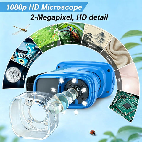 1000X HD Digital Handheld Microscope For Kids With 2.4 Inch IPS Screen Kid Friendly Portable Home Science Toy For Clear Macro And Micro Views Built In Camera For Quick Photos, blue handheld microscope shown with lens cover