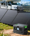 Power Beast 2400W Portable Power Station With 2x100W Solar Panels 1843.2Wh LiFePO4 Battery next to solar panels and RV