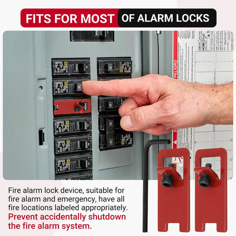 Fire Alarm Circuit Breaker Lockout Kit Two Sets With 8 32 Hex Key And Warning Labels, Red locks installed on panel