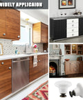 Image showing Six Piece White Ceramic Kitchen Cabinet Knobs And Pulls Set With Retro Round Drawer Knobs For Closets And Doors Includes Two Screw Sizes And A Handy Screwdriver For Easy DIY Install, installed on various kitchen cabinets and furniture.