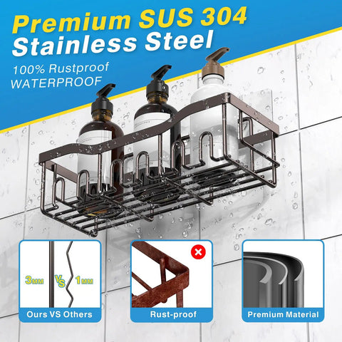 Five Piece No Drill Adhesive Shower Caddy Set With Rustproof Stainless Steel Bathroom Organizer attached to tile wall with bottles