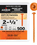 Two And A Half Inch Coarse Thread Pocket Hole Screws 500 Pack With Orange Color Coat And Square Drive For DIY Tough Joints In Softwood Woodworking Great For Cabinets And Furniture Projects, packaged box and single screw view.