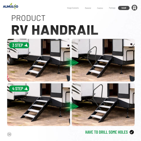 Image showing Heavy Duty Rv Handrail Replacement For Lippert Solid Step Generation 3 Or 4 with 3 and 4 step configurations.