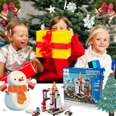 Space Rocket STEM Building Kit for Kids Ages 7 to 14 566 Plus Pieces to Build Your Own Rocket Ship Awesome Kid Friendly Hands On Educational Science Toy for Boys and Girls Perfect Christmas or Birthday Gift, kids holding gift box