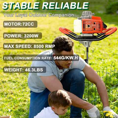 Man using 72cc Two Stroke Gas Powered Auger Post Hole Digger Kit With 3 Drill Bits and 3 Extension Rods for fence installation.
