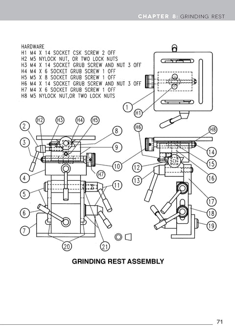 Grinding rest assembly schematic with numbered parts from Milling for Home Machinists book (page 71)