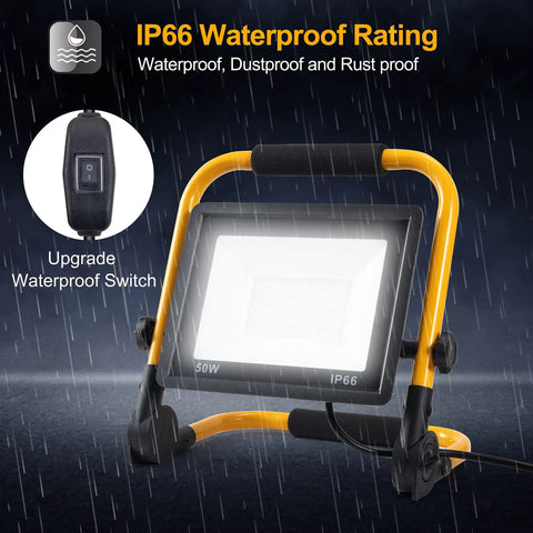 50W LED Work Light 5000 Lumen 6000K Daylight Flood IP66 Waterproof with stand, waterproof switch, rain-resistant, for construction