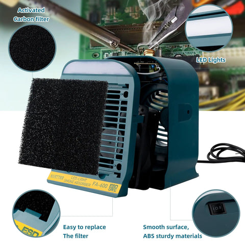 5 Pack Activated Carbon Solder Fume Absorber Filters shown in smoke extractor unit with focus on activated carbon filter.