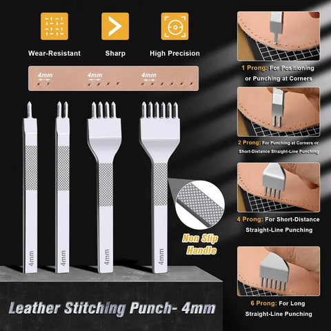 Leather Stitching Punch Kit With 56 Pieces 4Mm Prong Hole Punch Waxed Thread Hand Sewing Needles Awls Thimbles Tape Measure Scissors DIY Leather Craft Tools For Beginners featuring multiple prong sizes.
