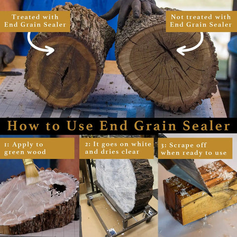 Comparison of wood logs treated and untreated with End Grain Sealer Clear 1 Gallon For Woodworkers And Carvers, with application steps.