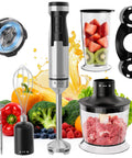 Powerful 1200W Immersion Hand Blender with 5 in 1 attachments including whisk chopper milk frother mixing cup and storage rack.
