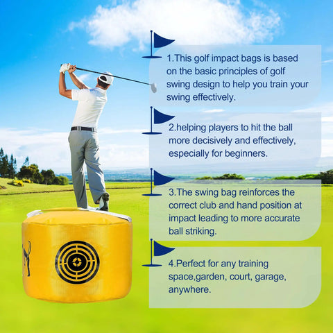 Golfer using Golf Impact Bag for Swing Training with text on yellow durable waterproof hitting bag for impact improvement.