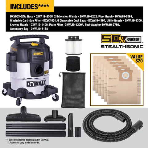 Ultra Quiet 5 Gallon Wet Dry Shop Vacuum With Stainless Steel Tank 4 HP Heavy Duty Beast Complete Accessory Kit 6 Dust Bags