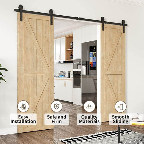 Bypass Sliding Barn Door Rail Hardware Kit For Double Doors Monorail Barn Door System installed in modern kitchen
