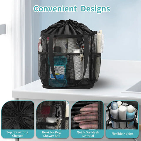 Mesh Shower Caddy Portable For Dorm Room Essentials with hanging hook and drawstring, six-pocket quick dry tote on shelf