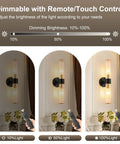 Dimmable Battery Operated Wall Sconces Set Of 2 With Remote, showing brightness levels, Modern Wireless Lamps, Glass Shade