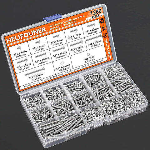 Hella Durable M3 Button Head Socket Cap Screw And Hex Nut Assortment Kit With 1280 Pieces 304 Stainless Steel Fasteners in assorted sizes and washers