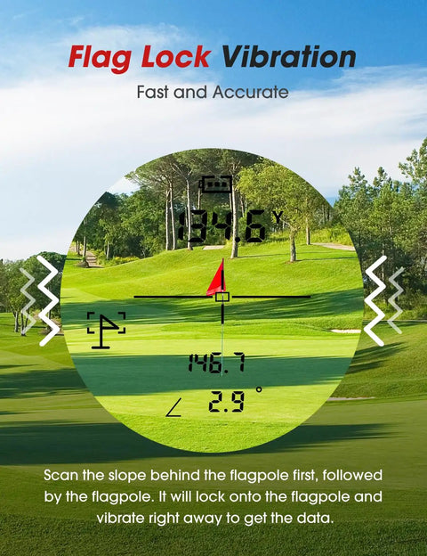 Pro Grade Golf Rangefinder With Slope And Magnetic Mount, 1300 Yard Range, Flag Lock Vibration interface on golf course