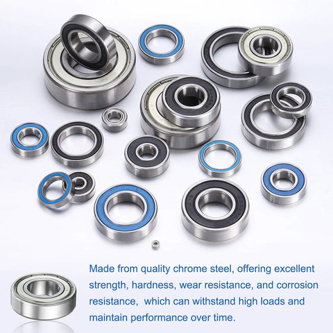 Various sizes of chrome steel ball bearings with double shield seals for durability and low friction in DIY projects.