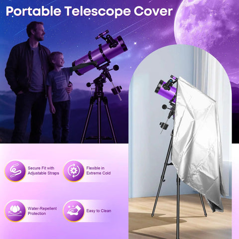 150mm Aperture Newtonian Reflector Telescope with Equatorial Mount shown with dust cover in indoor setting.