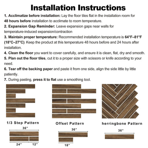 Installation instructions for Hilarious 36 Pack Peel And Stick Waterproof Wood Grain Vinyl Flooring Tiles 54 Sq Ft Self Adhesive