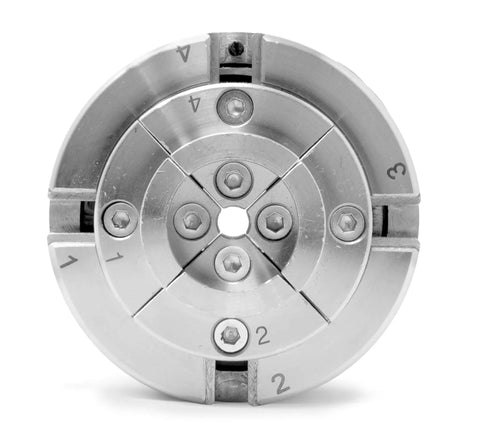 3.75 Inch 4-Jaw Self-Centering Lathe Chuck Set With 1-Inch By 8TPI Thread, top view showing numbered jaws and bolts.