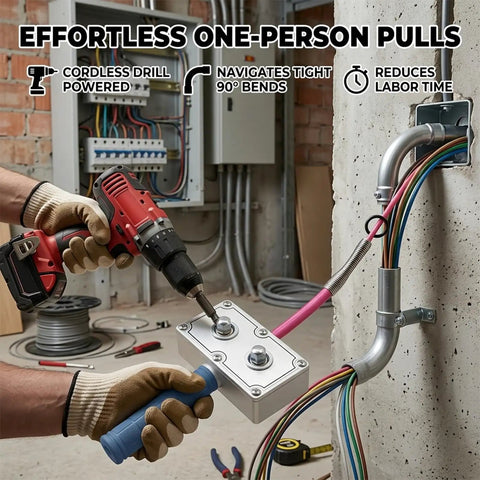 Automatic Handheld Wire Puller For Power Drill Attaches Securely To Pipes And Conduits for easy one-person wire pulls.