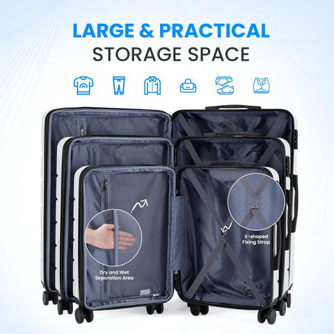 Amazon Simple Deluxe 20-inch hardside carry-on luggage with navy interior, multiple compartments and X-shaped straps