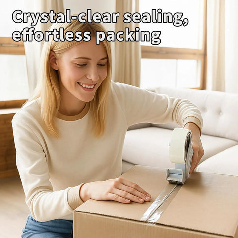 Person using Heavy Duty Packing Tape For Shipping And Moving, Clear, 6 Rolls, 390 Yards Total, 1.88 Inch Wide By 65 Yards Each on box
