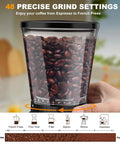 binROC Electric Conical Burr Coffee Grinder With Portafilter Holder In Sleek Black, 48 Precise Grind Settings for Espresso and Drip Brews, display of coffee beans in clear container.