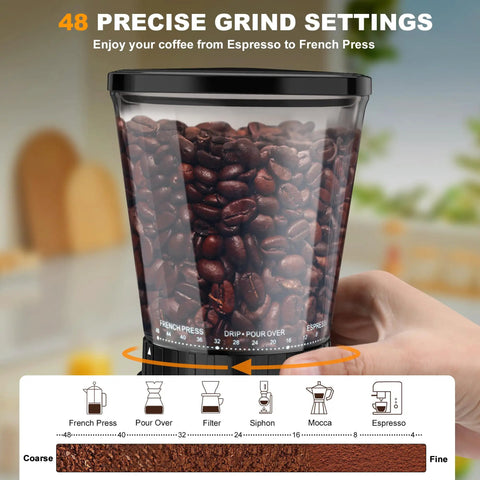 binROC Electric Conical Burr Coffee Grinder With Portafilter Holder In Sleek Black, 48 Precise Grind Settings for Espresso and Drip Brews, display of coffee beans in clear container.