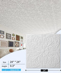 Dope Drop Ceiling Upgrade Kit With Decorative 2x2 Tile Set in Spanish Floral Matte White, 24x24 in, PVC, installed on ceiling
