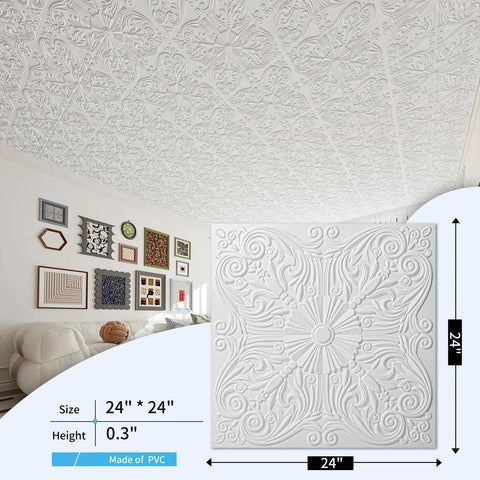 Dope Drop Ceiling Upgrade Kit With Decorative 2x2 Tile Set in Spanish Floral Matte White, 24x24 in, PVC, installed on ceiling