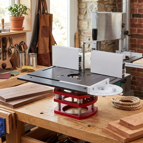 Manual Router Lift Table With Precision Top Plate For 64mm To 66mm Trim Routers Hella Smooth 51mm Vertical Travel on a woodworking bench.