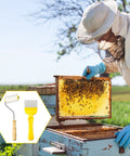 Beekeeper using Beekeeping Tools Kit Pro Grade Two Piece Set with honey extractor, roller and fork in the field.