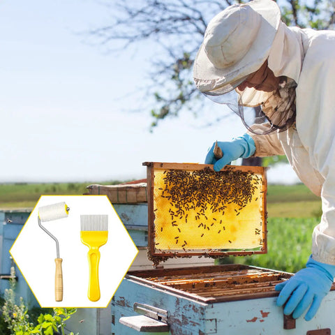 Beekeeper using Beekeeping Tools Kit Pro Grade Two Piece Set with honey extractor, roller and fork in the field.